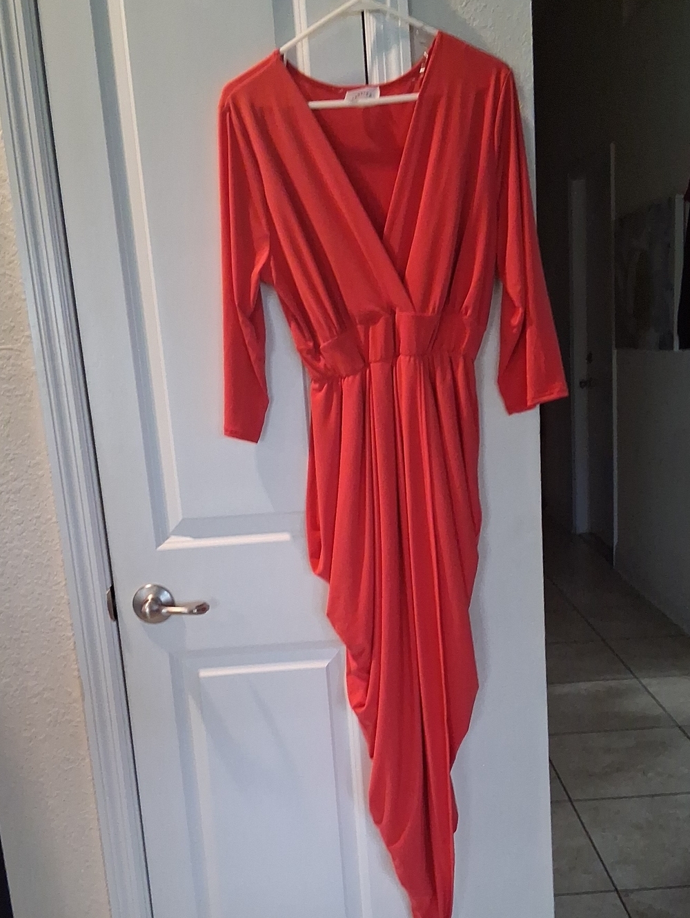 Janette Plus Coral-Red Asymmetrical Draped V-Neck Dress
